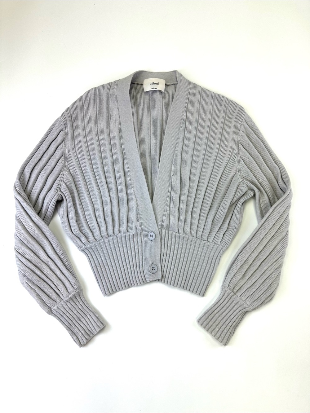 Aritzia Wilfred Merino Wool Cotton Ribbed Cropped Cardigan Grey Small